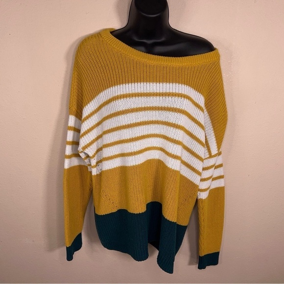 LARGE CHRISTOPHER AND BANKS SWEATER LONG SLEEVE YELLOW GREEN COTTON BLEND - Picture 3 of 12
